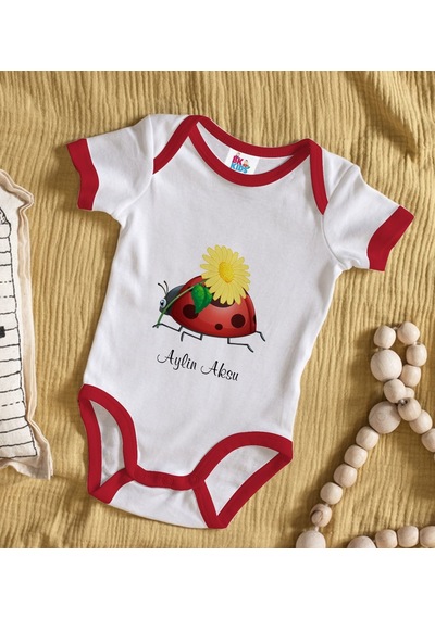 Bk Gift Bk Kids Kişiye Özel Uğur Böceği Tasarımlı Kırmızı Bebek Body Zıbın-2 Çok Renkli