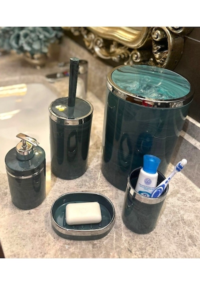 Makri Home Banyo Seti 5'li, Yuvarlak, Akrilik-çöp Kovası, Wc Fırçalık, Sıvı Sabunluk, Diş Fırçalık, El Sabunluk Yeşil