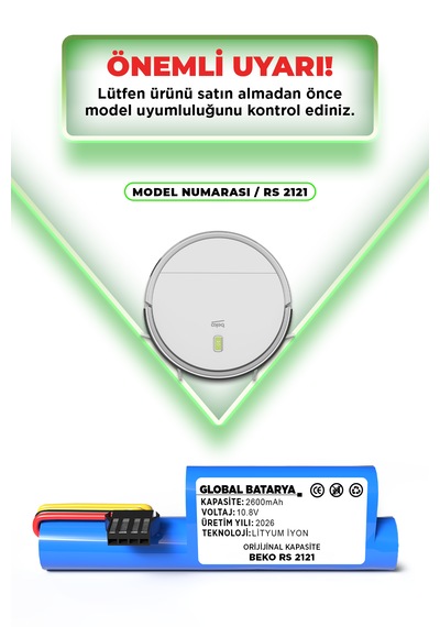 Beko Rs 2121 Uyumlu Robot Süpürge Bataryası 10.8v 2600mah Li-ion Pil Kapasite