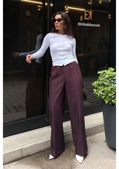 Dokuma Bordo Bol Paça Kadın Kumaş Pantolon Sh341 S