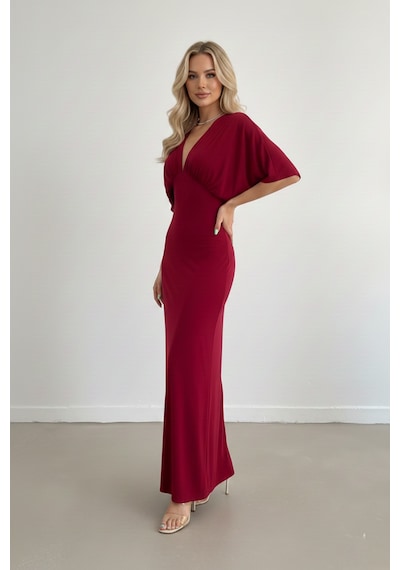 Defymoda Kadın Uzun Yırtmaçlı Modern Kesim Elbise Bordo