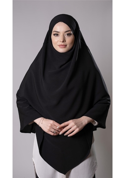 Hürrem Bone Siyah Pratik Hazır Geçmeli Tesettür Eşarp Medine İpeği Bağcıklı Çift Katlı Sufle Hijab 2302 01