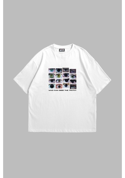 Startmore Who Can See Baskılı Oversize Unisex Beyaz Beyaz