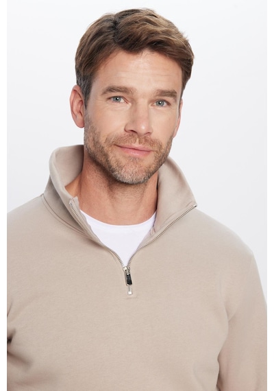 Tudors Unisex Relax Fit Rahat Kesim Pamuklu İçi Polarlı Yarım Fermuarlı Taş Renk Dik Yaka Sweatshirt-31444 Taş
