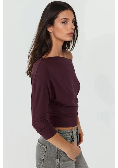 Hiccup Asimetrik Yaka Uzun Kollu Esnek Örme T-shirt Leylak Moru
