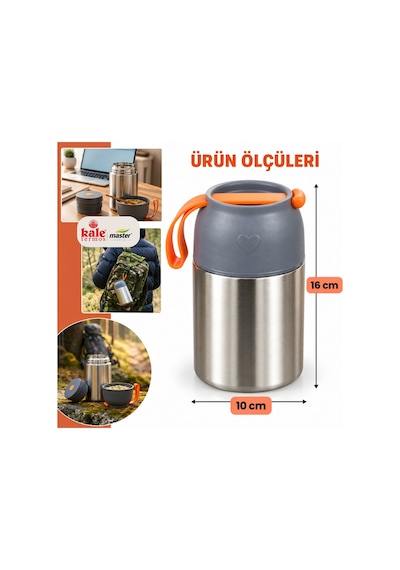 Master 450 Ml Çelik Yemek Termosu 304 Paslanmaz Çelik Sıcak Soğuk Yemek Ve Mama Kabı, Kaşıklı, Taşıma Kulplu-496 Gümüş