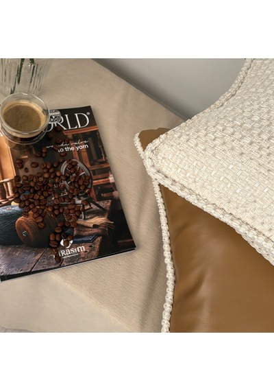 "bouclé & Leather" Deri Kırlent Kılıfı Seti Kahverengi - Beyaz