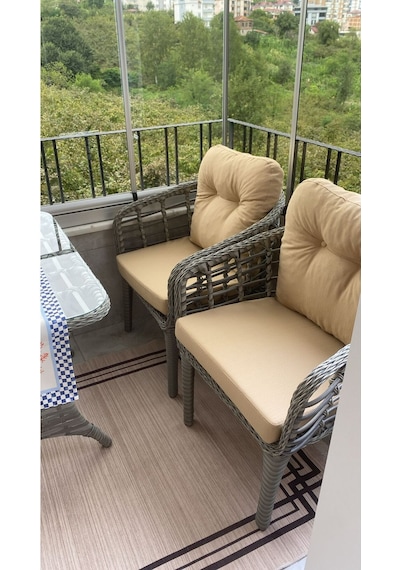 Tu Tienda Kartepe 2 1 1 Rattan Bahçe Balkon Takimi,bej Kumaş/gri Rattan Örgü Bej
