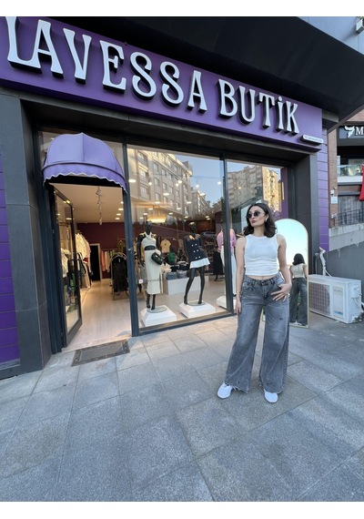 Kar Yıkama Ultra Yüksek Bel Paçası Yırtık Kot Pantolon-53 Gri