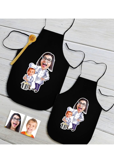 Kişiye Özel Ikili Anne Oğul Karikatürlü Siyah Mutfak Önlüğü Seti-