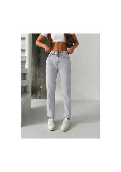 Bluemarlin Gri Kar Ön Arka Taşlı Paça Kesik Mom Denim Pantolon Gri Kar