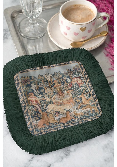 Ortaçağ Saray Bahçesi Saçaklı Sunum Peçetesi - Efsanevi Vintage Rustik Yeşil Bardak Altlığı Mendil Çok Renkli