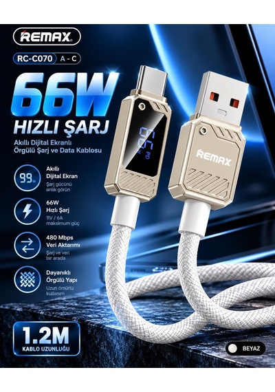 Remax Suxien Serisi Rc-c070-b 66w Akıllı Dijital Ekranlı Usb-a To Type-c Hızlı Şarj Ve Data Kablosu 1.2 Metre Beyaz