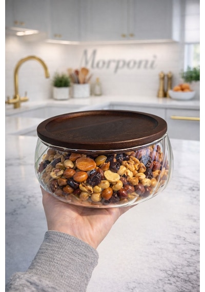Morponi 2'li Borosilikat Cam Lüks Akasya Kapaklı Cam Kase - Sunumluk-salata Kasesi 18 Cm - 22 Cm Dalgalı Model Şeffaf