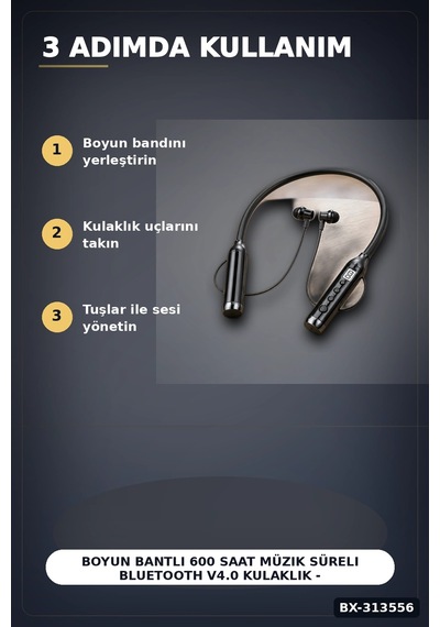 Boyun Bantlı 600 Saat Müzik Süreli Bluetooth V4.0 Kulaklık - Mikrofonlu Ses Kontrollü Bx-313556 Renkli