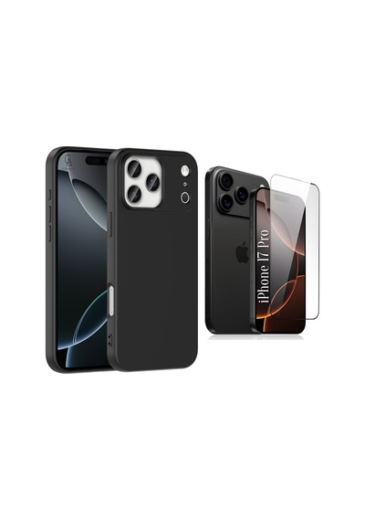 Apple Uyumlu iPhone 17 Pro Içi Kadife Lansman Kılıf Ve 5d Tam Kaplayan Cam Ekran Koruyucu Siyah