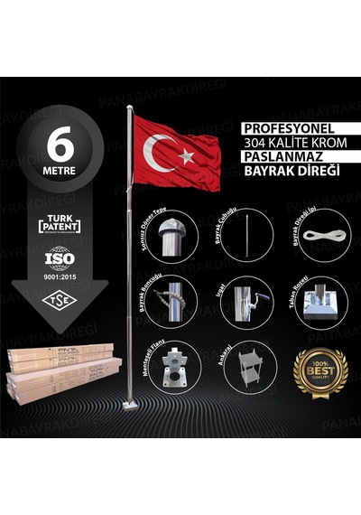 6 Metre İnox 304 Kalite Paslanmaz Krom Çelik Profesyonel Bayrak Direği Standart