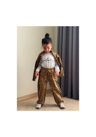 Toikids Kız Çocuk Gabardın Kumaş,leopar Şerit Detaylı 3lü Takım Kahverengi