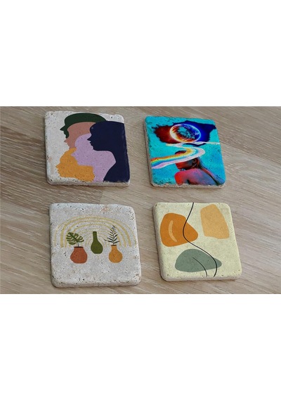 Tasarım Figür Line Art Ve Objeler Doğal Taş Bardak Altlığı 4'lü Set - Natural Stone Coasters - Taş Beyaz