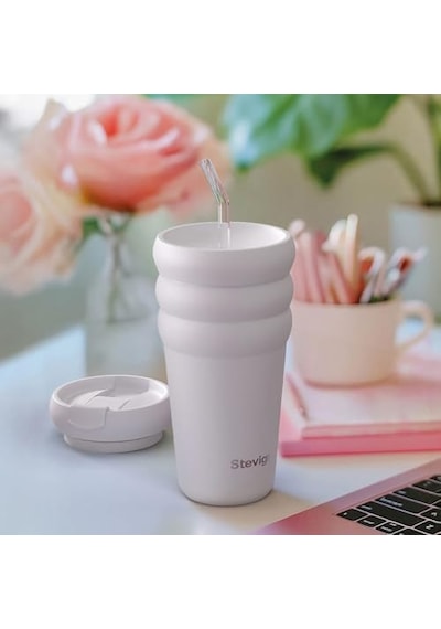 3 Bubble Two-cap Straw Tumbler Çelik Termos 600 Ml Lilac Hint St-245 Açık Bej