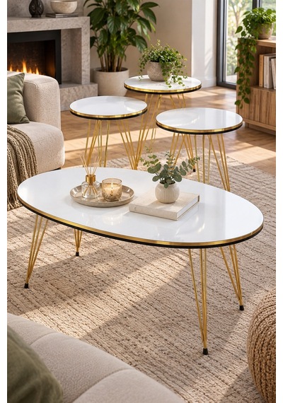 Sulorahome Gold Tel Ayaklı Beyaz 4'lü Sehpa Seti Beyaz - Altın