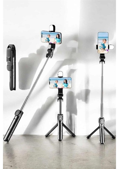 Tripod Kablosuz Bluetooth Bağlantılı Selfie Çubuğu 360 Derece Dönebilen Siyah