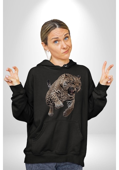 Jaguar Sırtından Çıkan Kadın Erkek Siyah Kapüşonlu Sweatshirt Hoodie Siyah