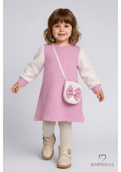 Babyden's Bayramlık Şık Ve Rahat Kız Bebek Elbise Çantalı Yumuşak Peluş Kollu Kışlık Çocuk Kombini Pembe