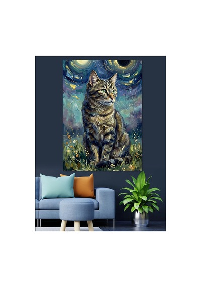 Yıldızlı Gece Altında Sanatsal Kedi Yağlı Boya Dokulu Kanvas Tablo Canvas Tablosu