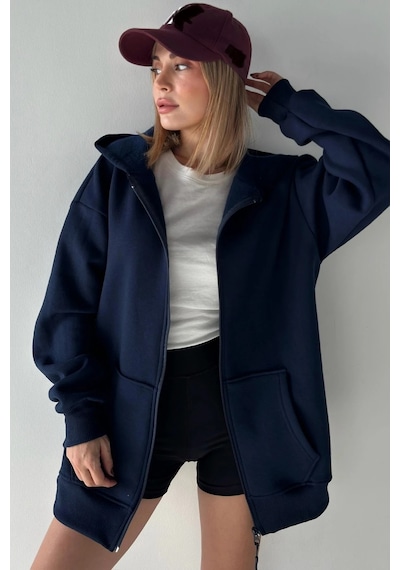 Bb Butik Basic Oversize Kalın Üç Iplik Fermuarlı Kapüşonlu Sweatshirt Koyu Lacivert