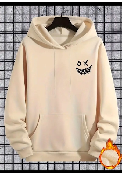 Medinenur Gülümseyen Yüz Baskılı Kapüşonlu Sweatshirt Bej