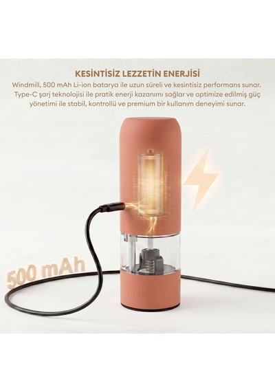 Pizen Windmill Usb Şarjlı Otomatik Baharat Öğütücü Led Işıklı Ayarlanabilir Tuz Karabiber Değirmeni Turuncu
