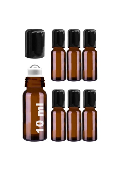 10 Ml Çelik Roll On Şişesi 10 Cc Sızdırmaz Siyah Kapaklı Cam Şişe 6 Adet Amber, 10