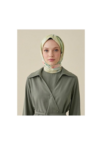 Bushu Çiçek Ve Desenli Twill Eşarp Açık Yeşil Romantik