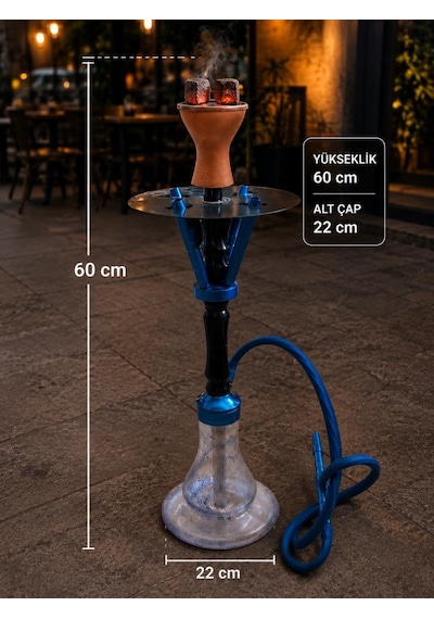 60 Cm Cam Hazneli Lüx Nargile Takımı Mavi Metal Gövdeli Modern Tasarım