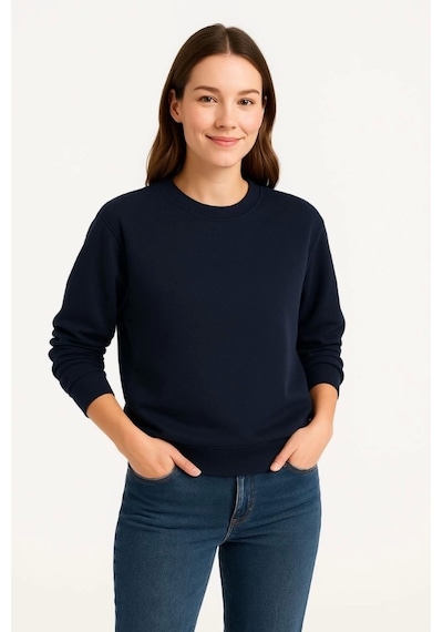 Üç İplik Düz Bisiklet Yaka Sweatshirt - Lacivert Lacivert