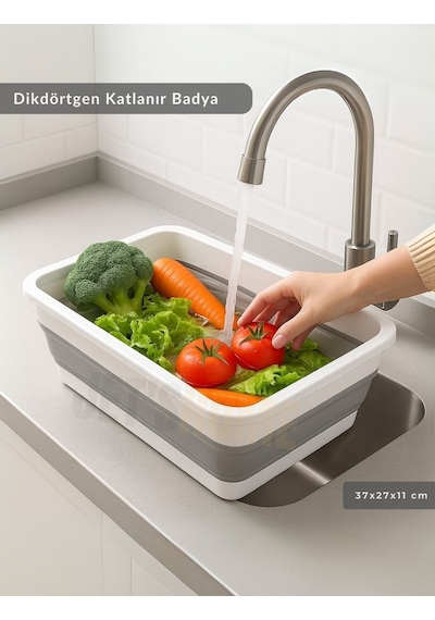 Katlanır Badya - Akordiyon Katlanabilir Dikdörtgen Kova 8 L - Beyaz/gri - Bpa Free Beyaz Gri
