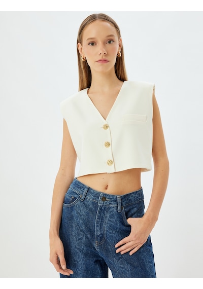 Koton Koton X Zeynep Bastık - Crop Blazer Yelek V Yaka Gold Düğmeli Ekru 5wak20016pw Ekru