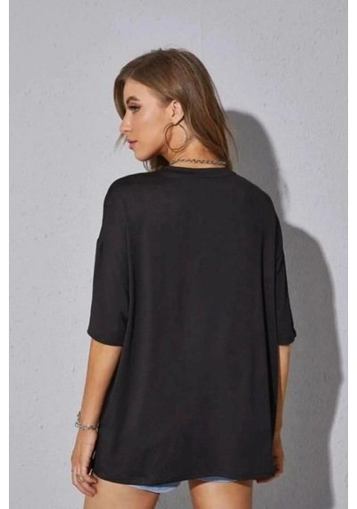 Startmore Kadın Oversize Dökümlü Tok Kumaş Tişört Siyah