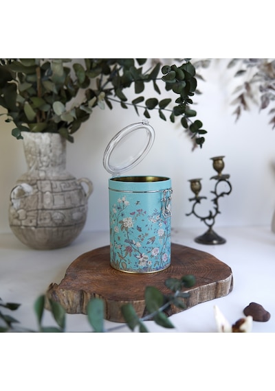 Botanica Blue Desenli Kilitli Kapaklı Yuvarlak Metal Kutu, 10.5 X 15 Cm, 1.1 Lt