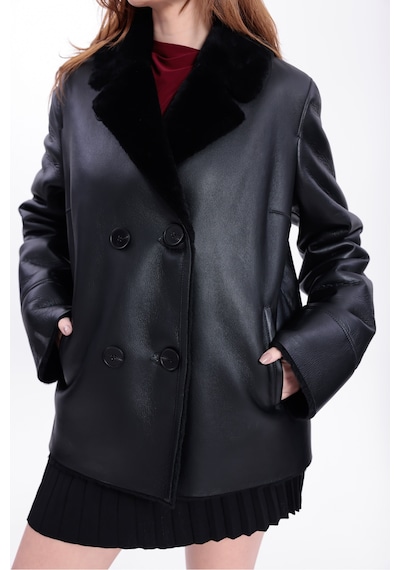 M M Marki Marki Hakiki Deri Kadın Mont Siyah İçi Kürklü Kruvaze Düğmeli Blazer Model 70 Cm - 120622
