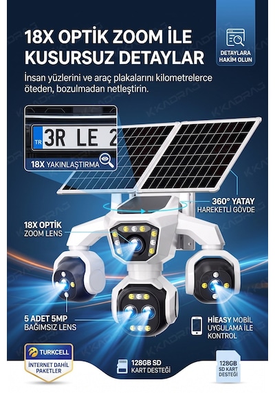 5 Kameralı 4g/e-sım Destekli 18x Zoom Ptz Güneş Enerjili Profesyonel Dış Mekân Güvenlik Kamerası 25gb