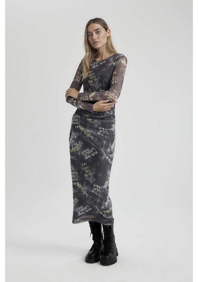 DeFacto Coool Bodycon Desenli Tül Uzun Kollu Maxi Elbise C1891AX24SPGR452