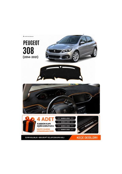 Peugeot 308 2014-2021 Uyumlu Torpido Örtüsü, Torpido Kılıfı - Siyah Kahverengi