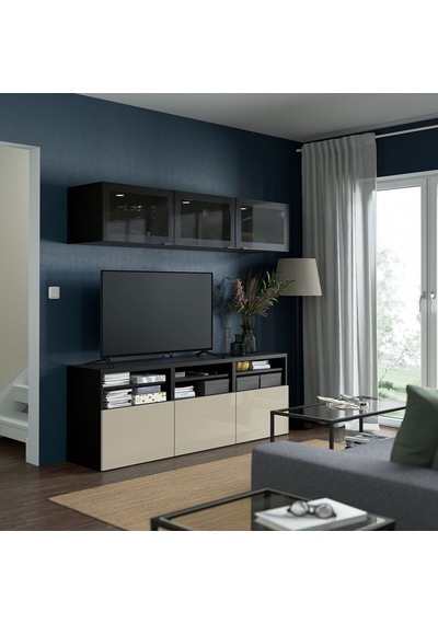 Tv Ünitesi, Venge-parlak Cila-bej-füme Cam, 180x42x192 Cm, Selsvıken/glassvık, Fren Raylı Gri Tv Ünitesi, Venge-parlak Cila-bej-füme Cam, 180x42x192 Cm, Selsvıken/glassvık, Fren Raylı Gri