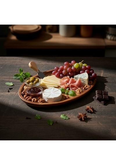 Akasya Ağacı Oval Sunum Tabağı 28x18 Cm Yükseltilmiş Kenarlı Doğal Ahşap Servis Tepsisi Kahve, Peynir Ve Diğer