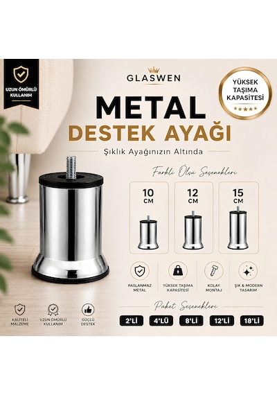 18 Adet Metal Destek Ayağı 12 Cm Krom Mobilya Kanepe Baza Koltuk Ünite Ayakları Metrik 8 Civatalı İnce Diş
