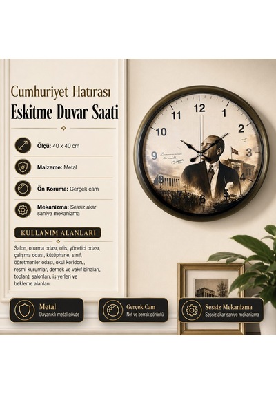 Cumhuriyet Hatırası Eskitme 40 X 40 Cm Metal Duvar Saati