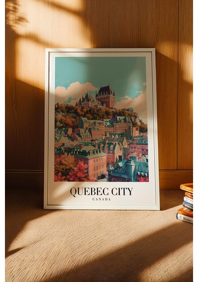 Quebec City Canada Vintage Seyahat Posteri Çerçeveli Tablo - Premium Şato Manzaralı Duvar Dekoru Beyaz