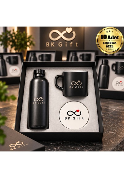 Logonuza Özel 10 Adet 3'lü Siyah Cam Suluk & Seramik Kupa & Mdf Bardak Altlığı - Kurumsal Promosyon Seti